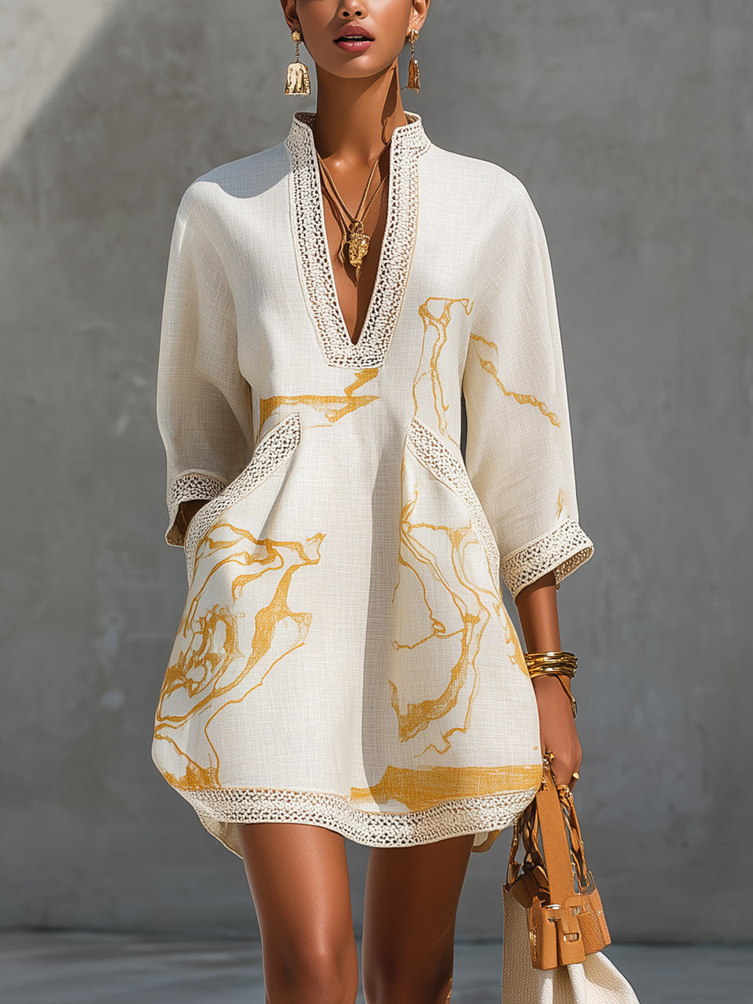 Yolanda | Ivory Mini Dress Featuring Golden Crochet Lace and V-Neck Design