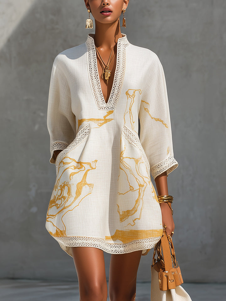 Yolanda | Ivory Mini Dress Featuring Golden Crochet Lace and V-Neck Design