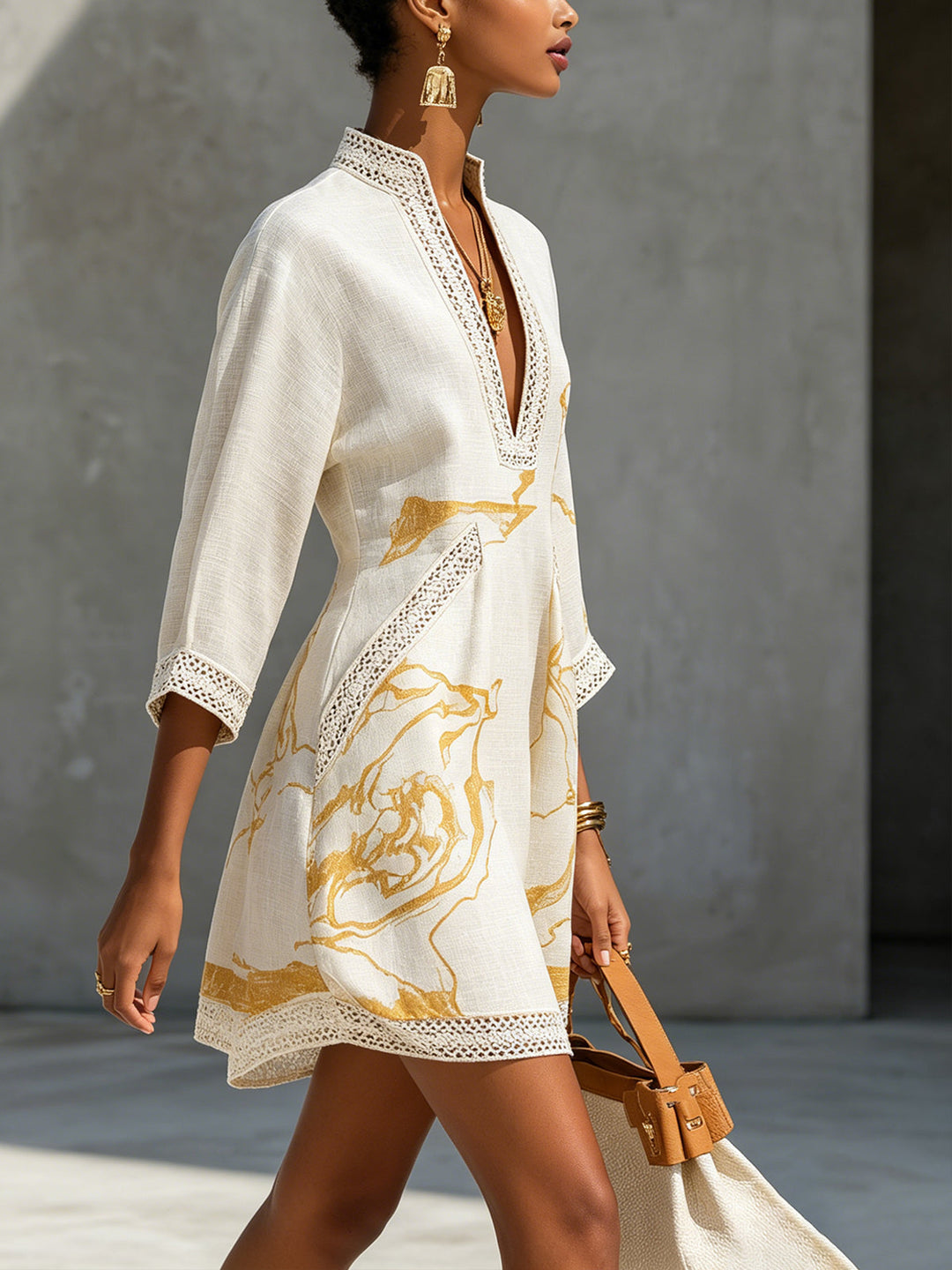 Yolanda | Ivory Mini Dress Featuring Golden Crochet Lace and V-Neck Design