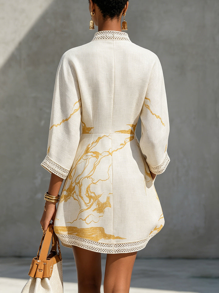 Yolanda | Ivory Mini Dress Featuring Golden Crochet Lace and V-Neck Design
