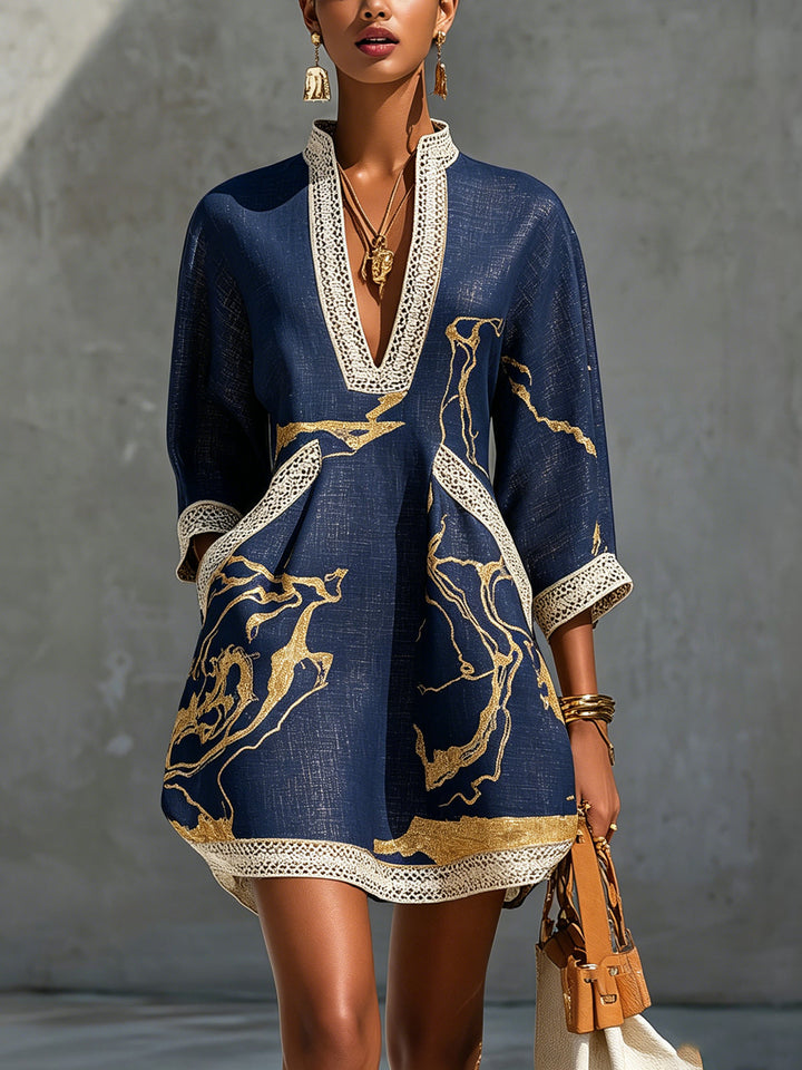 Ursula | Navy Blue Mini Dress Featuring Gold Patterns and V-Neck Crochet Lace