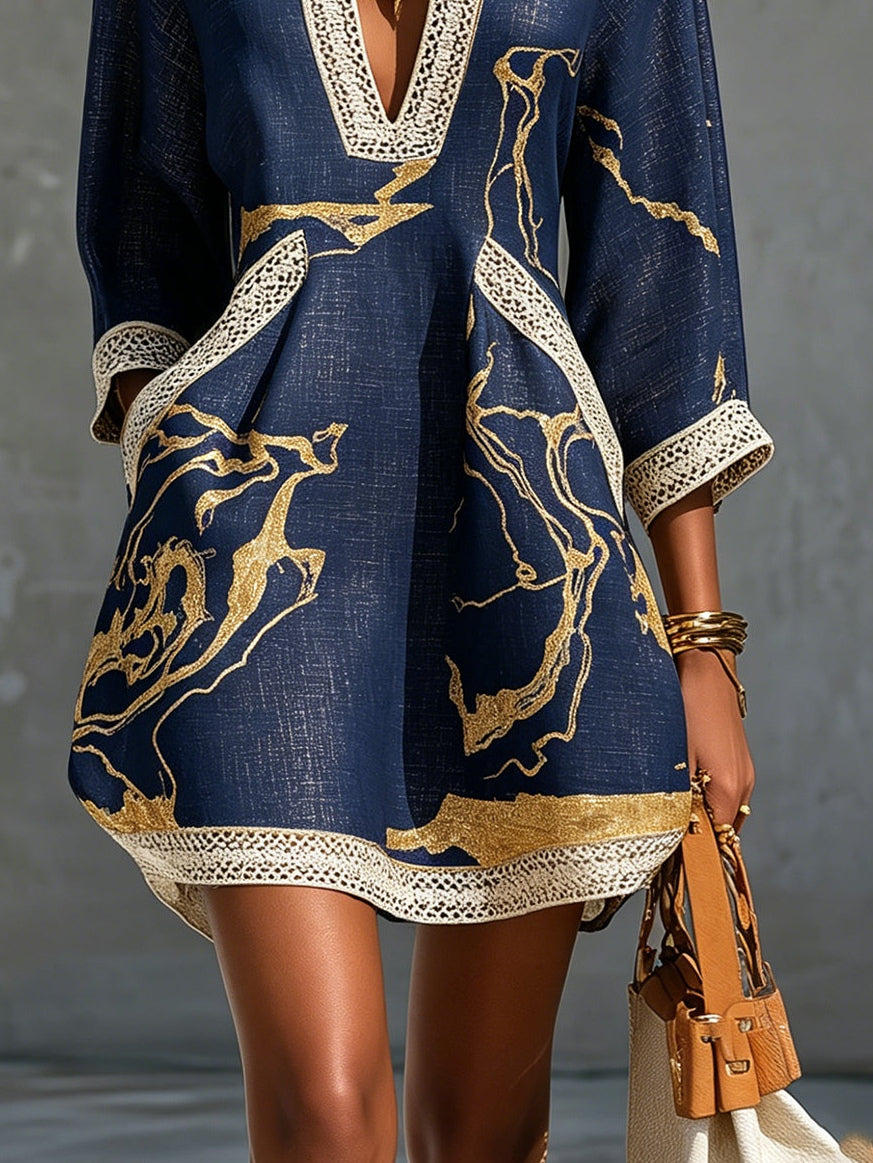 Ursula | Navy Blue Mini Dress Featuring Gold Patterns and V-Neck Crochet Lace