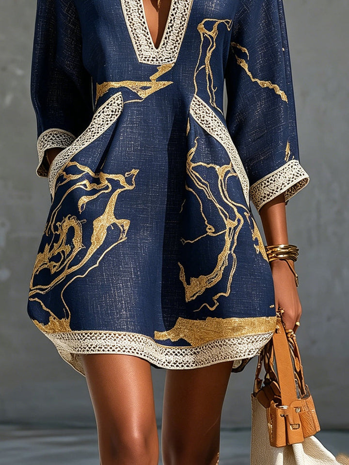 Ursula | Navy Blue Mini Dress Featuring Gold Patterns and V-Neck Crochet Lace