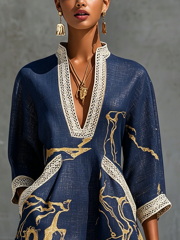 Ursula | Navy Blue Mini Dress Featuring Gold Patterns and V-Neck Crochet Lace