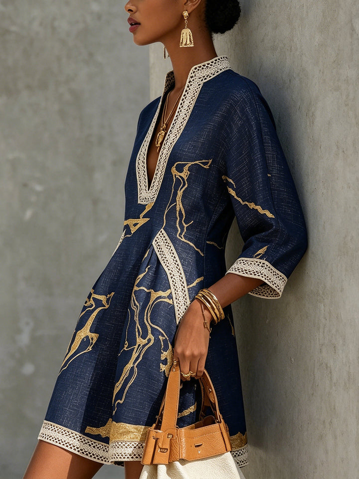 Ursula | Navy Blue Mini Dress Featuring Gold Patterns and V-Neck Crochet Lace