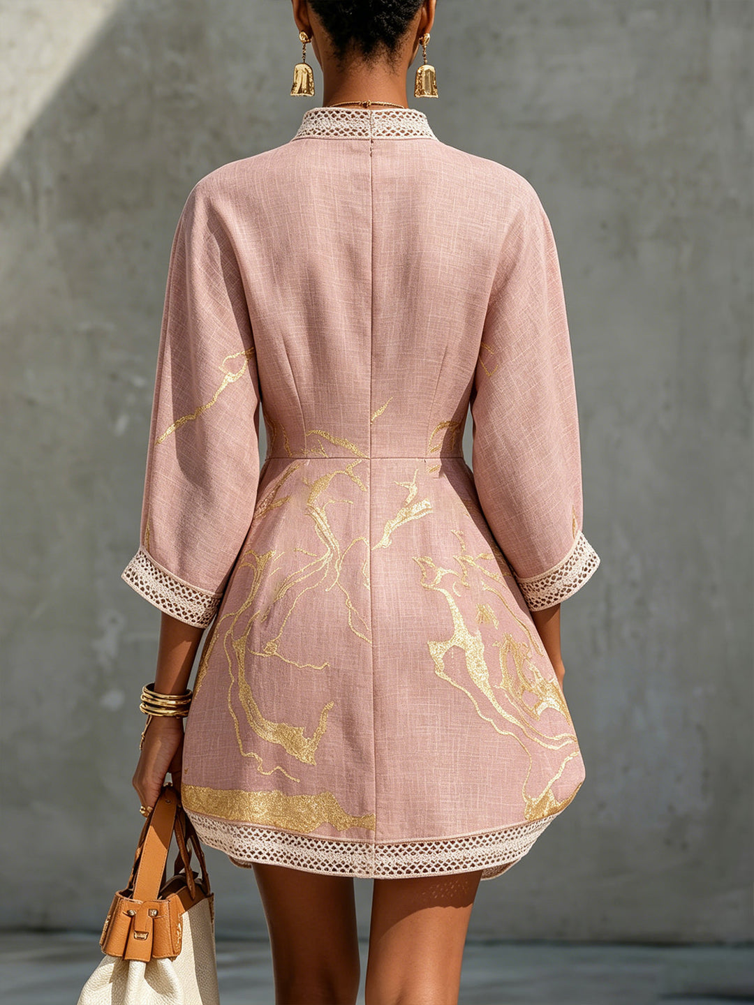 Ottilie | Pink Crocheted Lace Mini Dress with Golden Accents and V-Neck