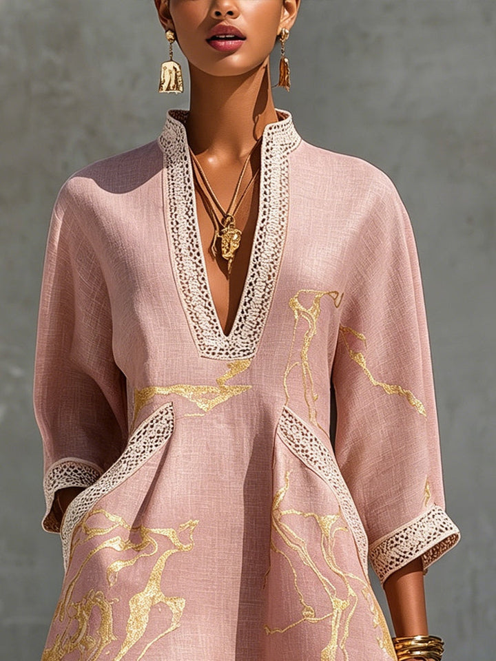 Ottilie | Pink Crocheted Lace Mini Dress with Golden Accents and V-Neck