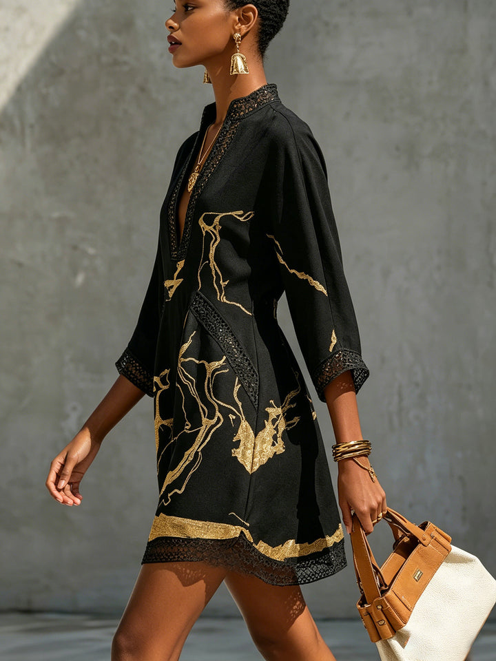 Xanthe | Black Crocheted Lace Mini Dress with Gold Accents and V-Neck