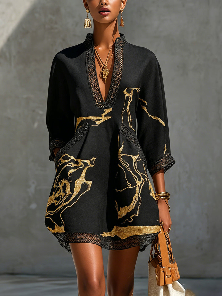 Xanthe | Black Crocheted Lace Mini Dress with Gold Accents and V-Neck