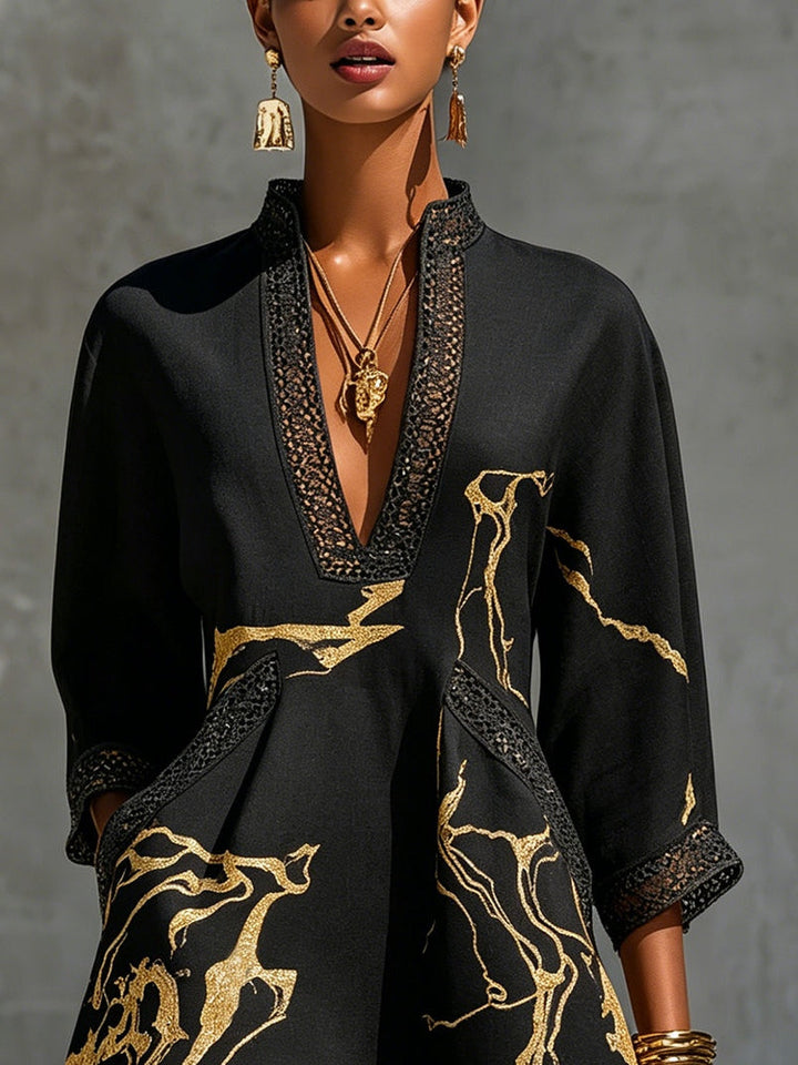 Xanthe | Black Crocheted Lace Mini Dress with Gold Accents and V-Neck