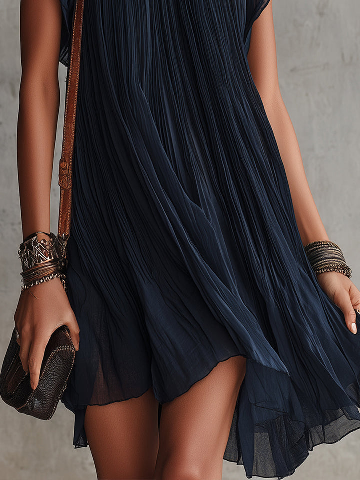 Aisling | Embroidered Navy Blue Chiffon Mini Pleated Dress
