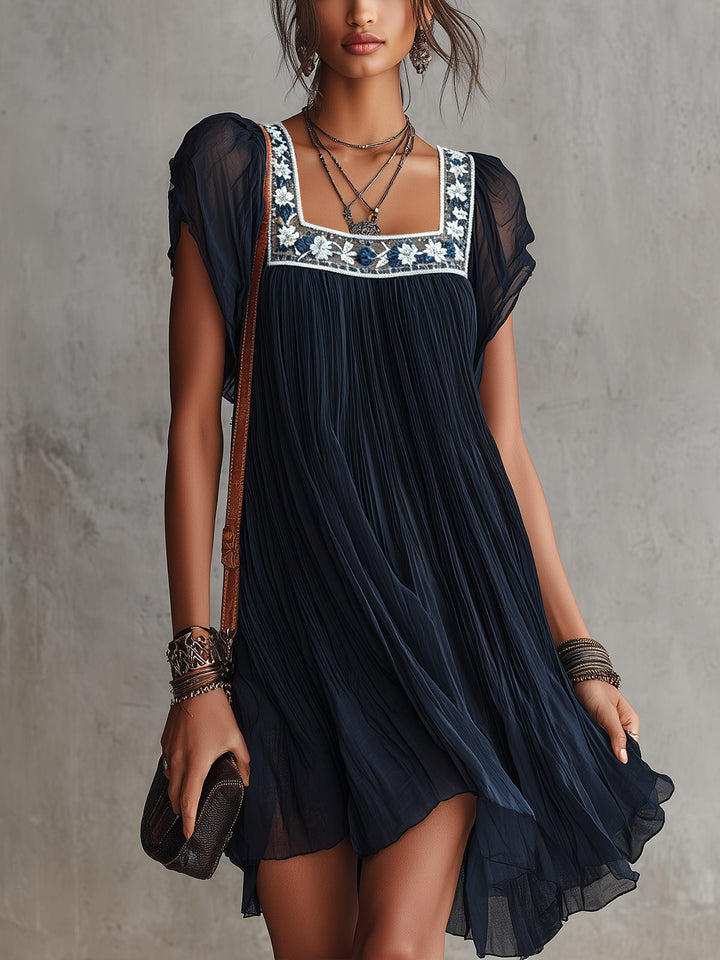 Aisling | Embroidered Navy Blue Chiffon Mini Pleated Dress