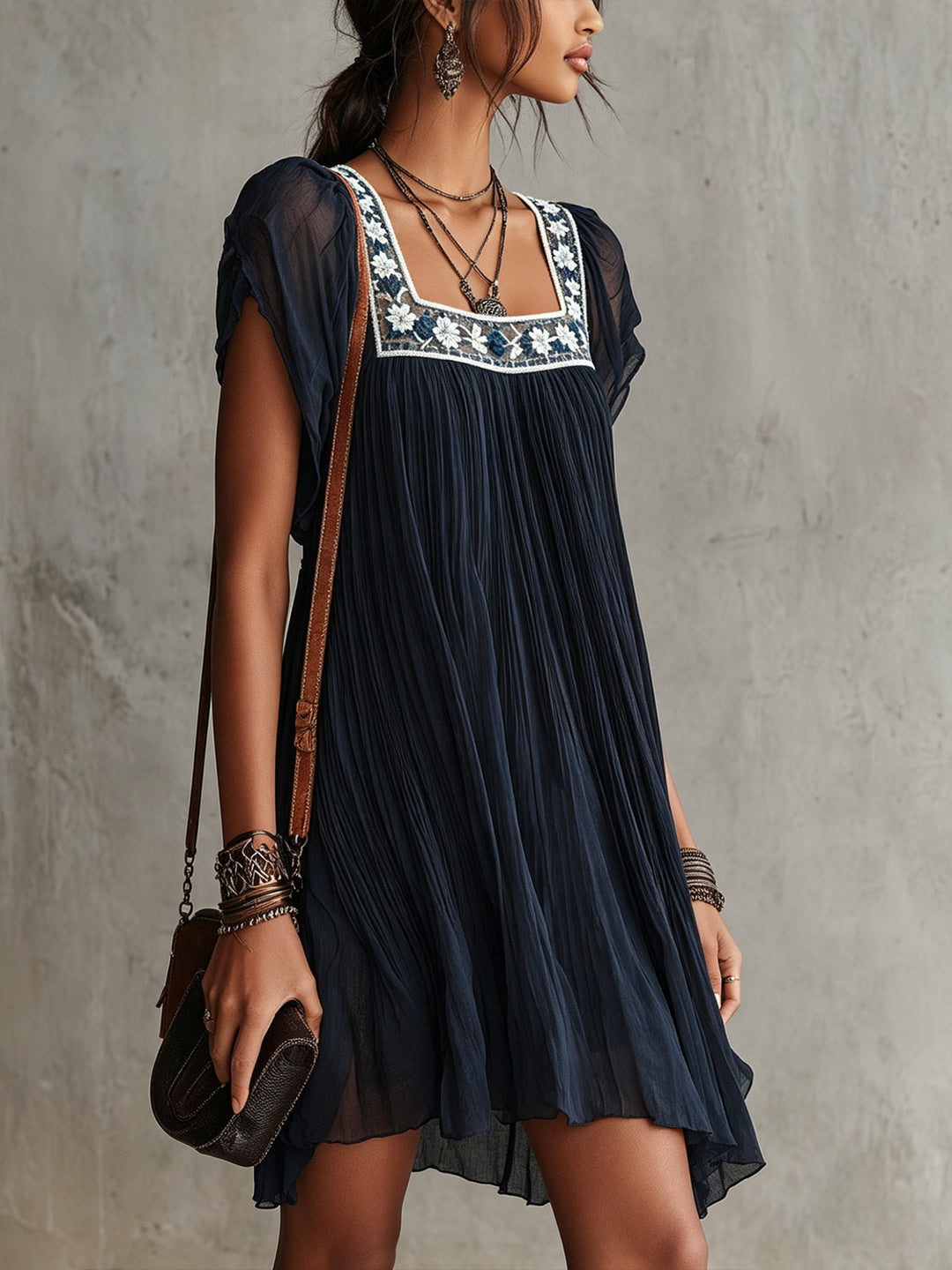 Aisling | Embroidered Navy Blue Chiffon Mini Pleated Dress