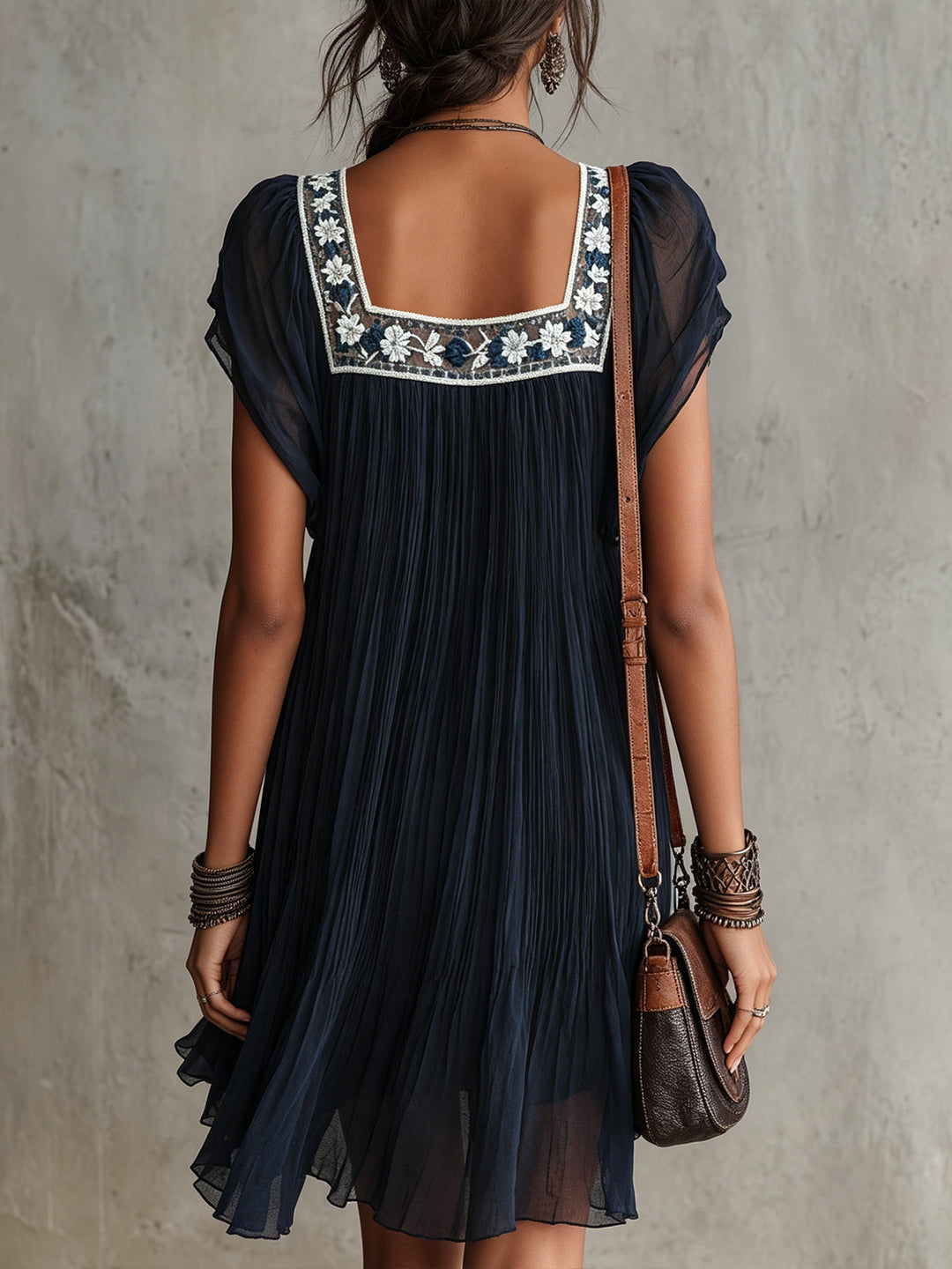 Aisling | Embroidered Navy Blue Chiffon Mini Pleated Dress