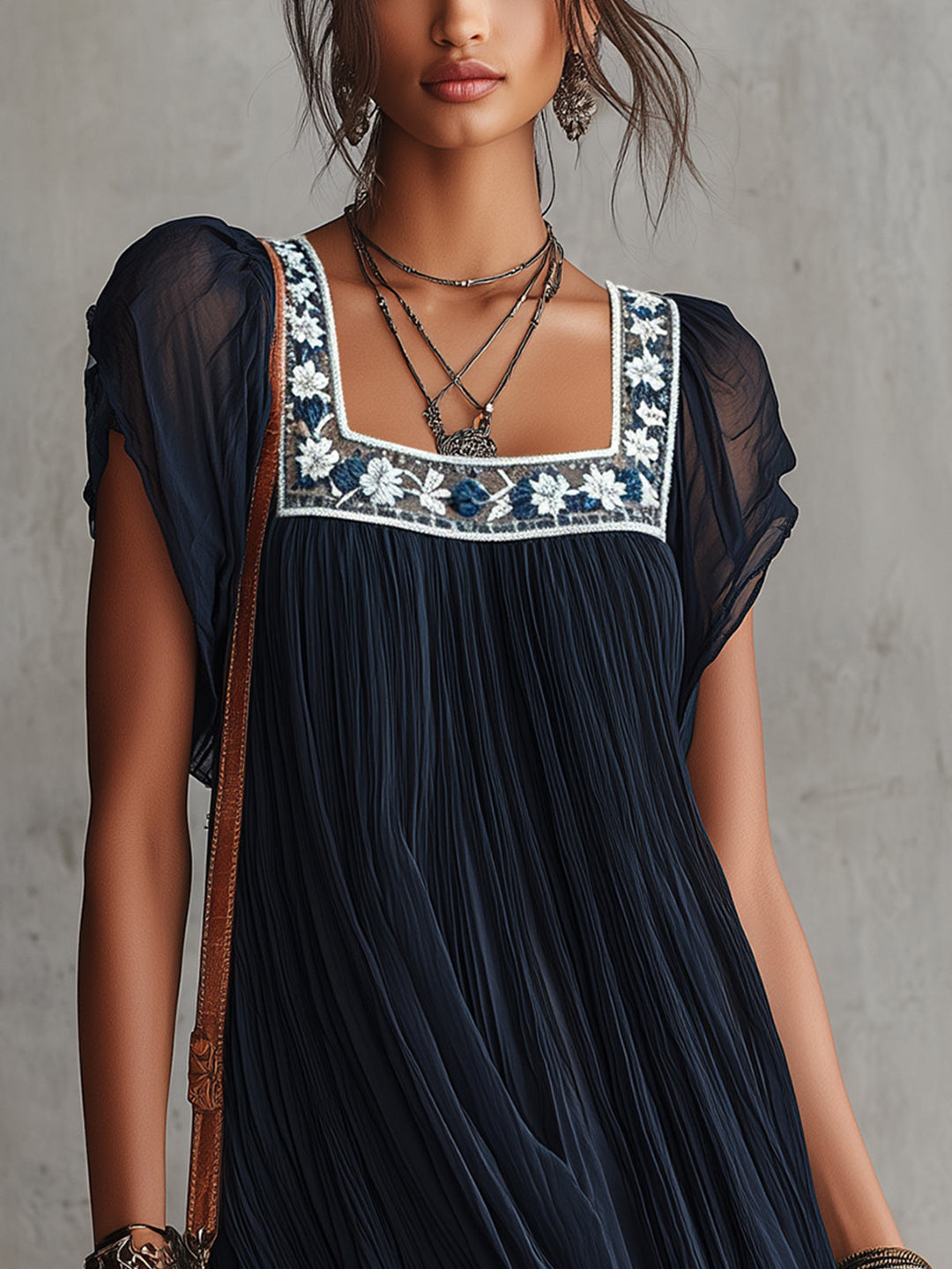 Aisling | Embroidered Navy Blue Chiffon Mini Pleated Dress