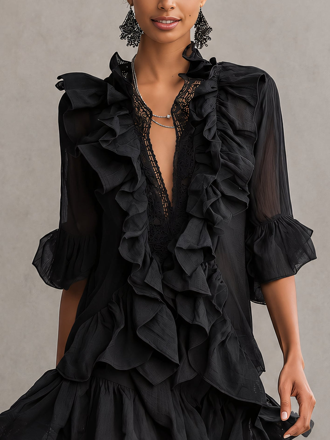 Yolande | Black Ruffled Chiffon Mini Dress