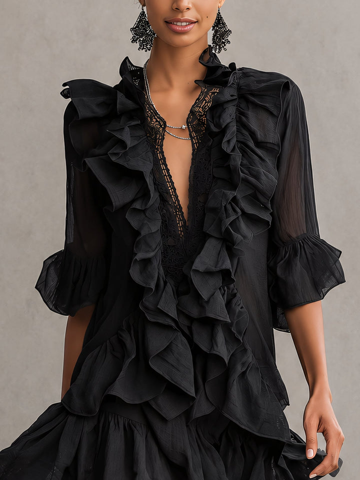 Yolande | Black Ruffled Chiffon Mini Dress