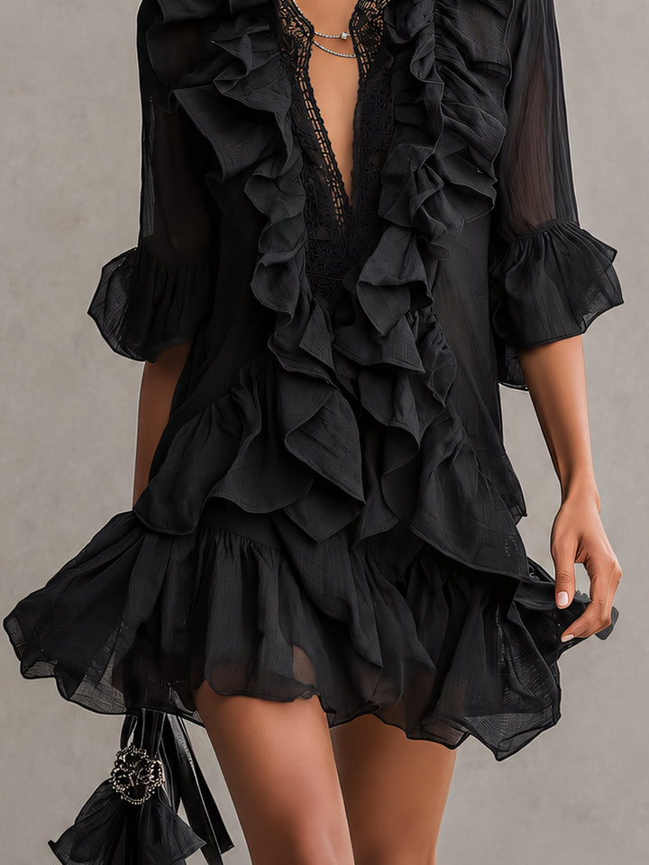 Yolande | Black Ruffled Chiffon Mini Dress