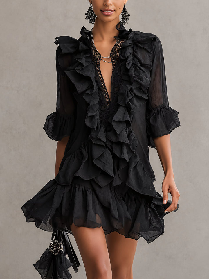 Yolande | Black Ruffled Chiffon Mini Dress