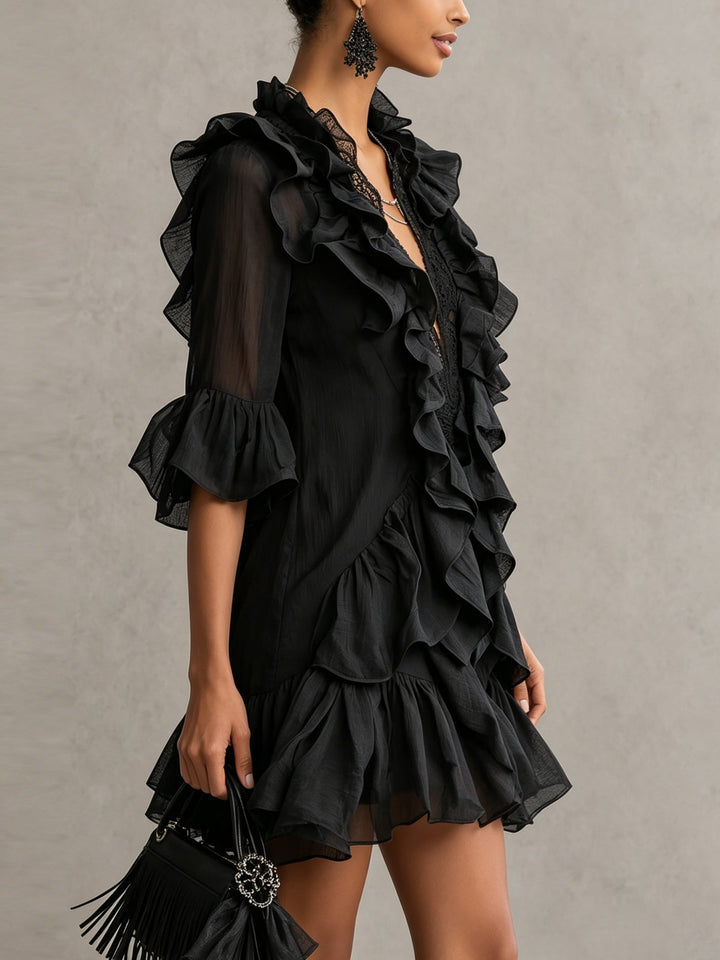 Yolande | Black Ruffled Chiffon Mini Dress