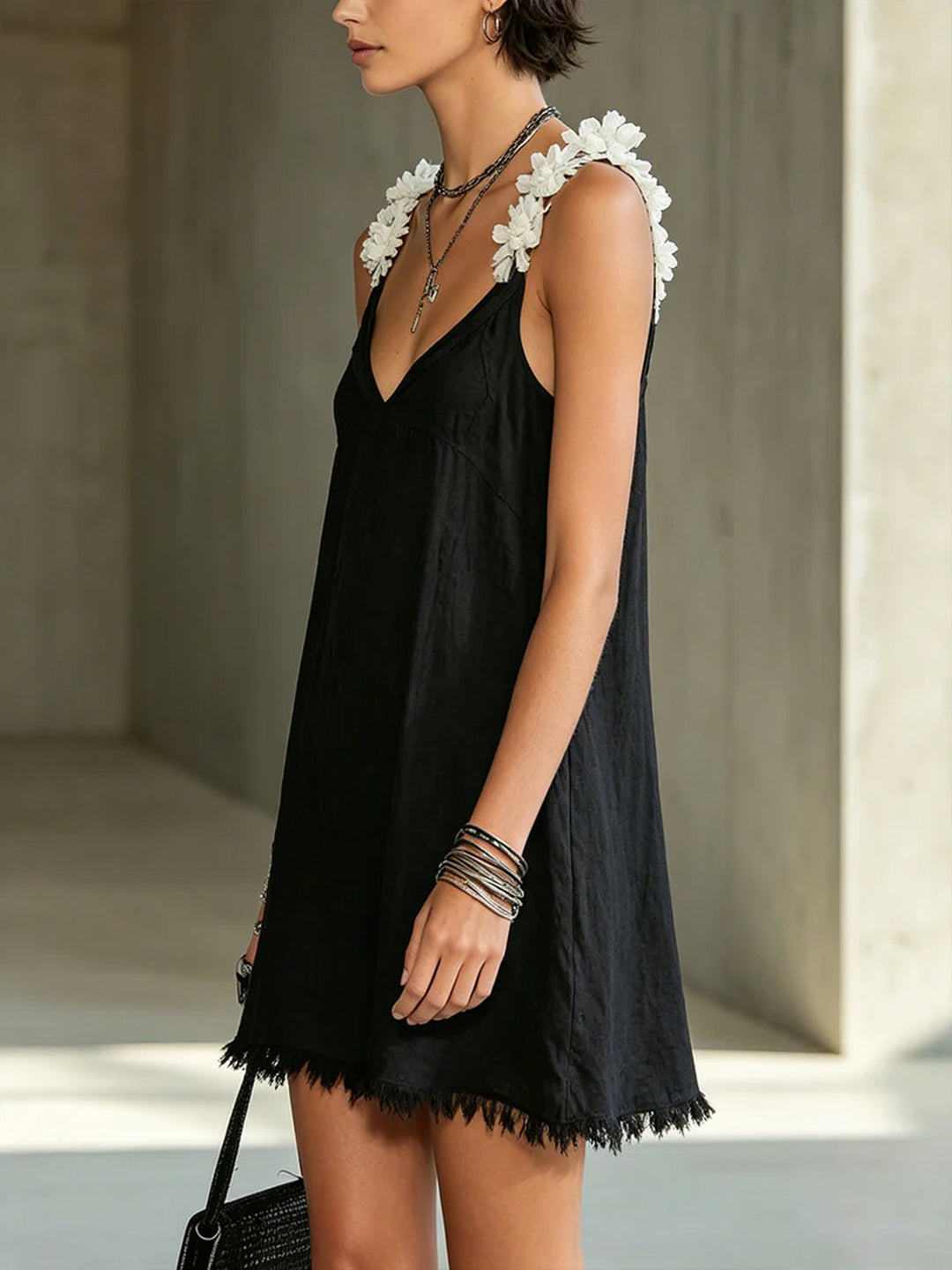 Catriona | Black V-Neck Mini Dress with Floral Straps