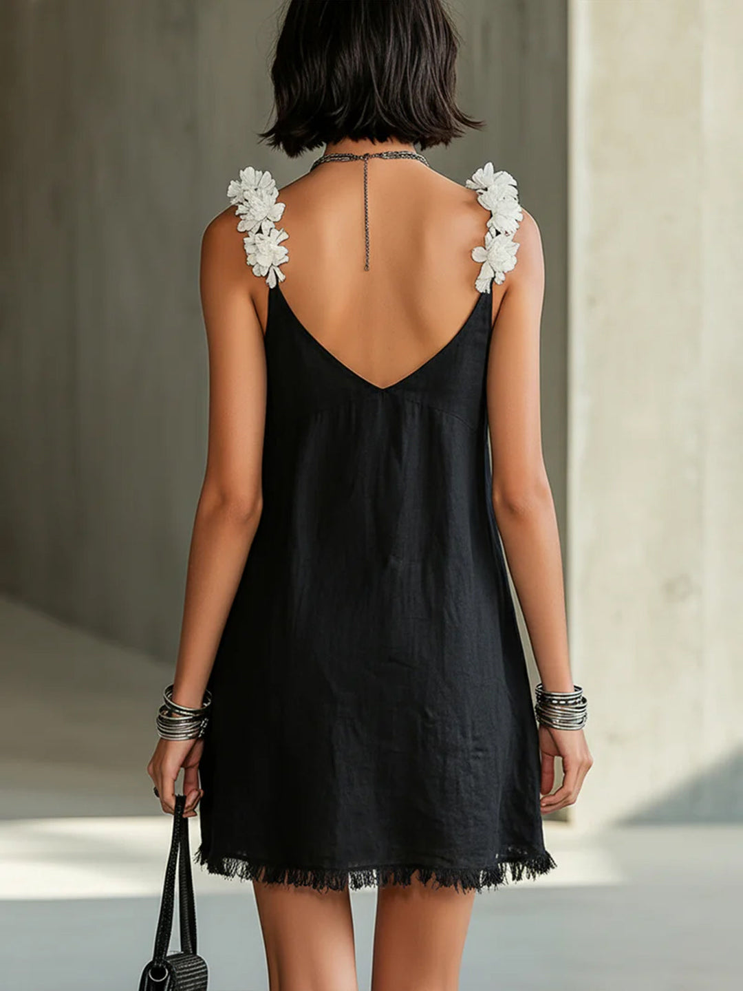 Catriona | Black V-Neck Mini Dress with Floral Straps