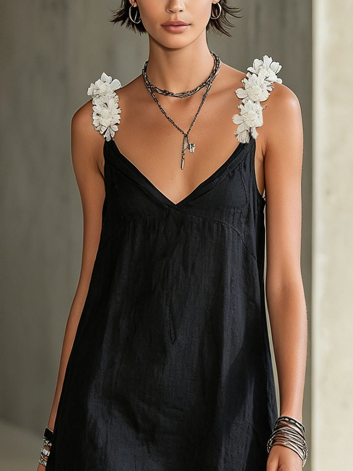 Catriona | Black V-Neck Mini Dress with Floral Straps