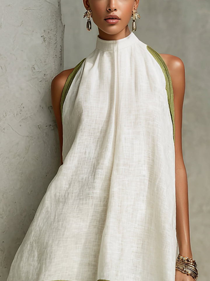 Ornella | Sleeveless A-Line Mini Dress in White and Olive Green Floral Print