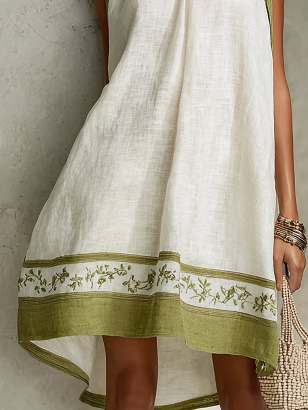 Ornella | Sleeveless A-Line Mini Dress in White and Olive Green Floral Print