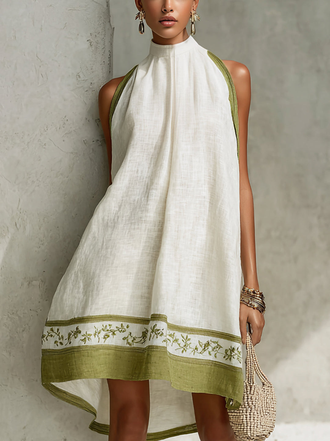 Ornella | Sleeveless A-Line Mini Dress in White and Olive Green Floral Print