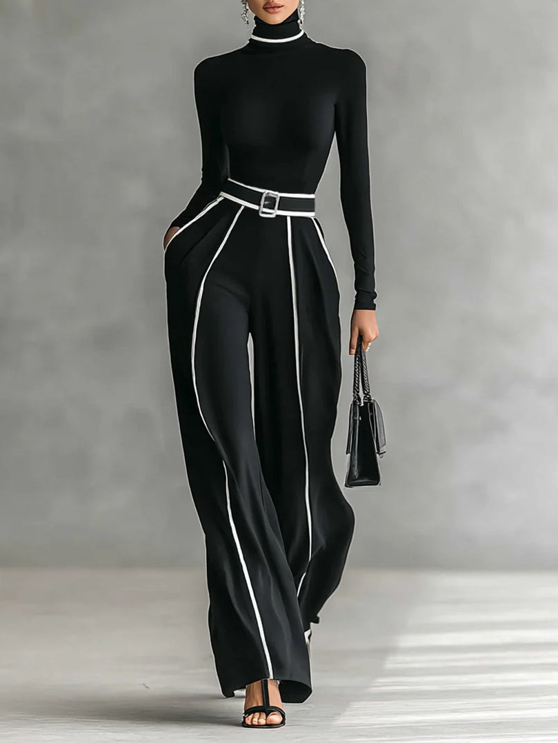 Amanda - Elegant two-piece set with high collar and wide-leg pants