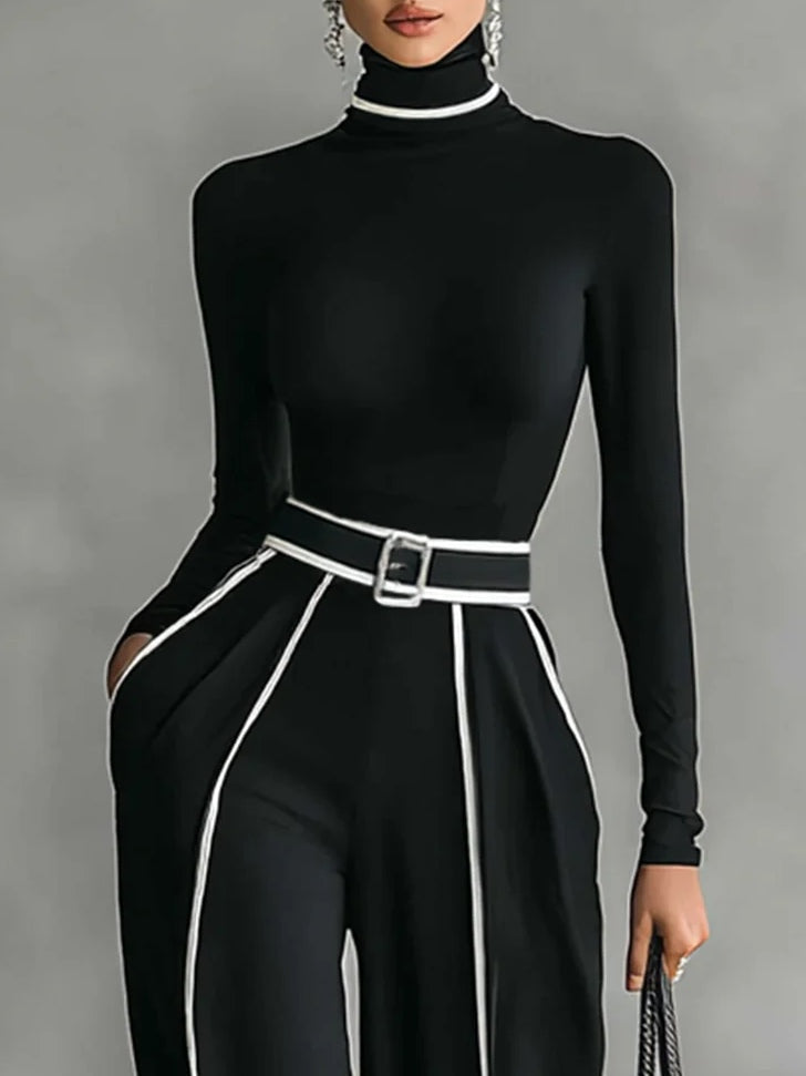 Amanda - Elegant two-piece set with high collar and wide-leg pants