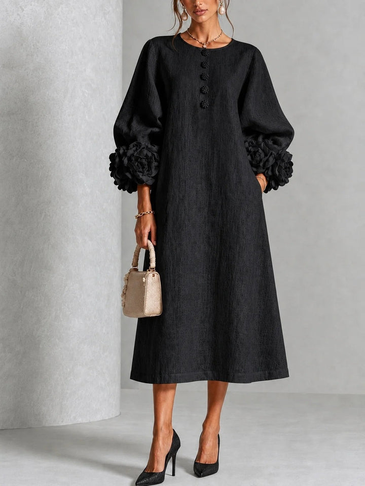 Maggie | Floral Midi Dress with Rose-Cuff Sleeves