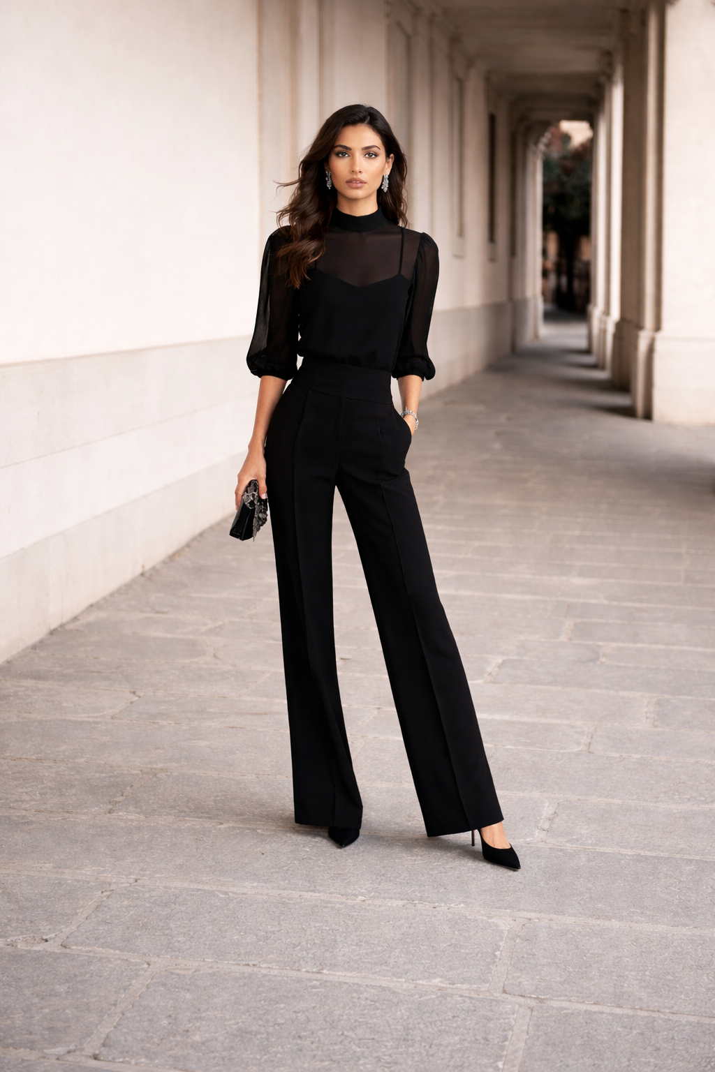 Rosaleen | Three-Piece Set Comprising a Sheer Top and Wide-Leg Pants.