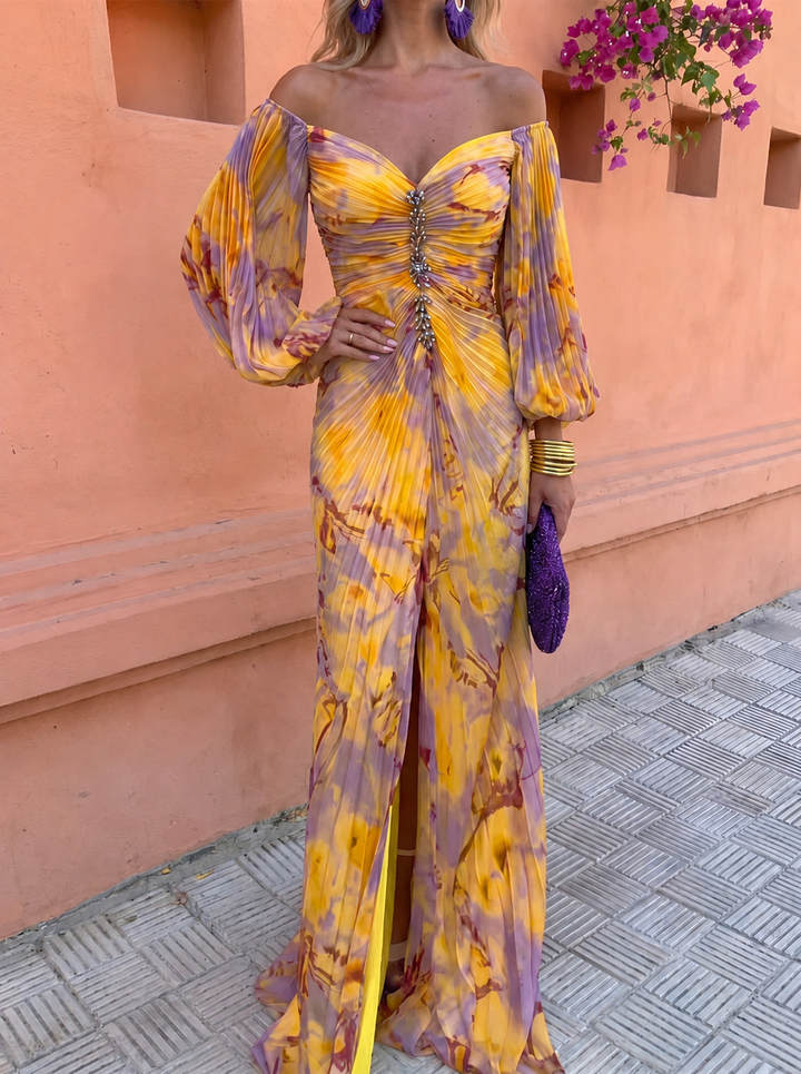 TAMAR™ – LONG FLORAL DRESS WITH A DEEP NECKLINE
