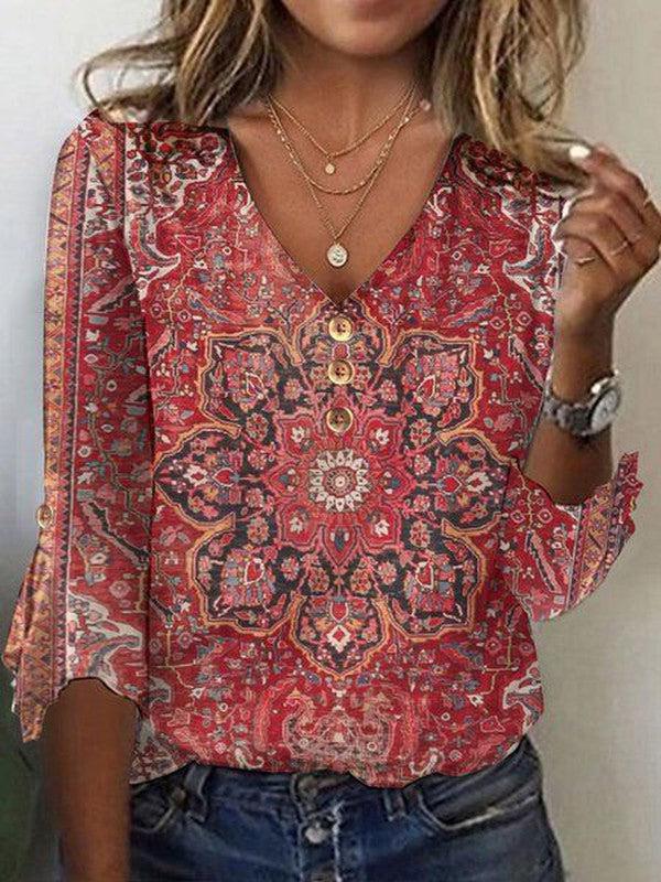 Georgiana | Ed Print 3/4 Sleeve V-Neck Top