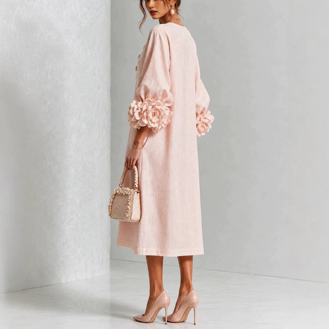 Maggie | Floral Midi Dress with Rose-Cuff Sleeves