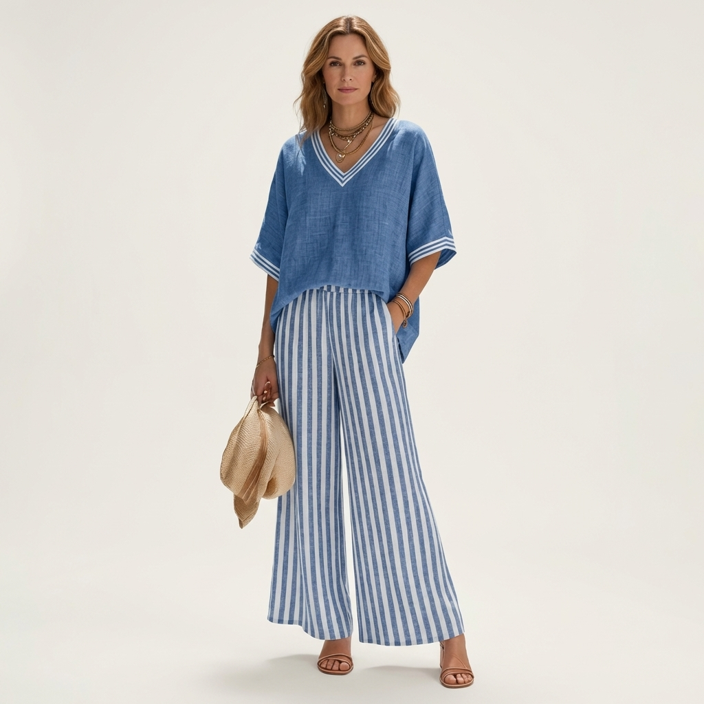 Olivette | V-Neck Varsity Top & Stripe Wide-Leg Set