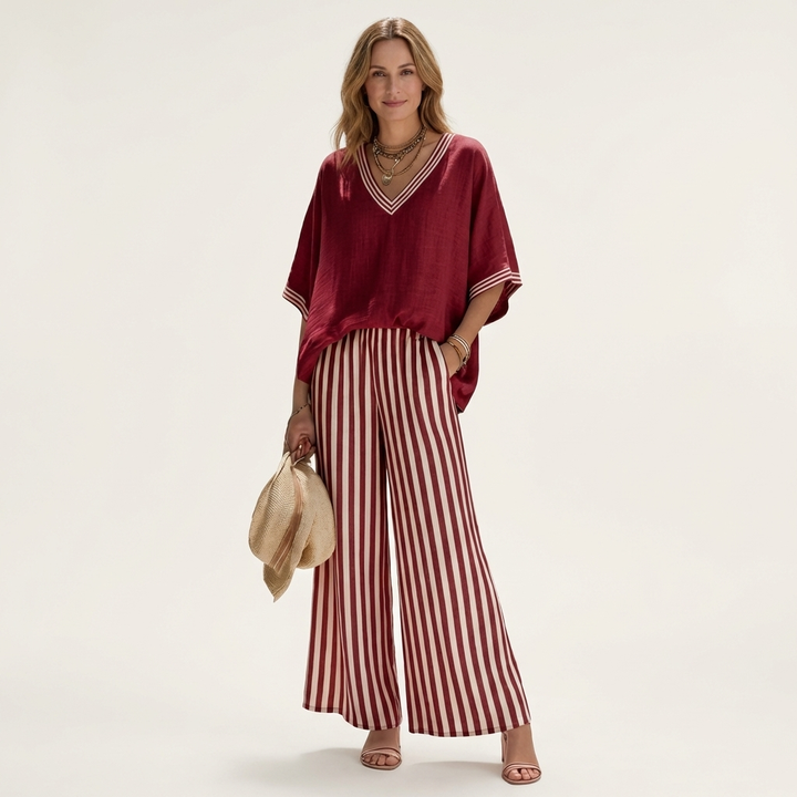Olivette | V-Neck Varsity Top & Stripe Wide-Leg Set