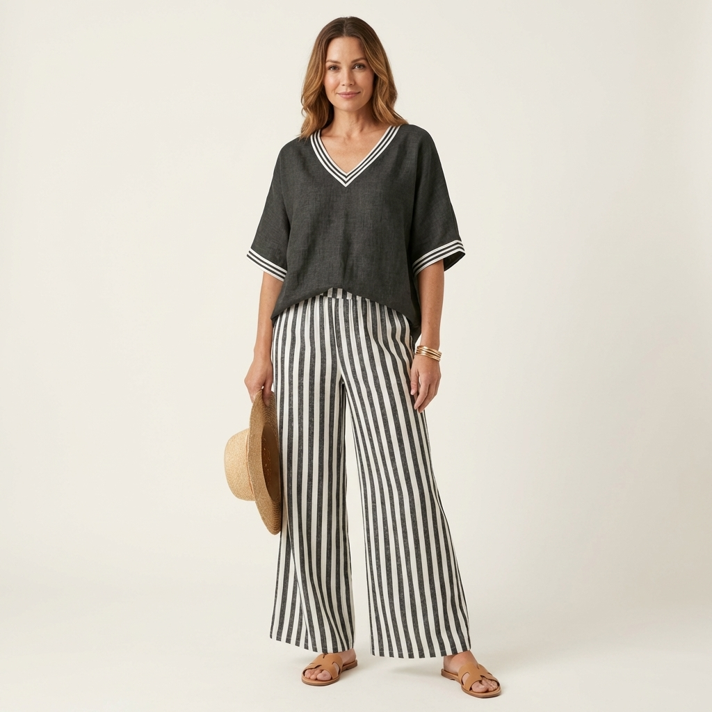 Olivette | V-Neck Varsity Top & Stripe Wide-Leg Set