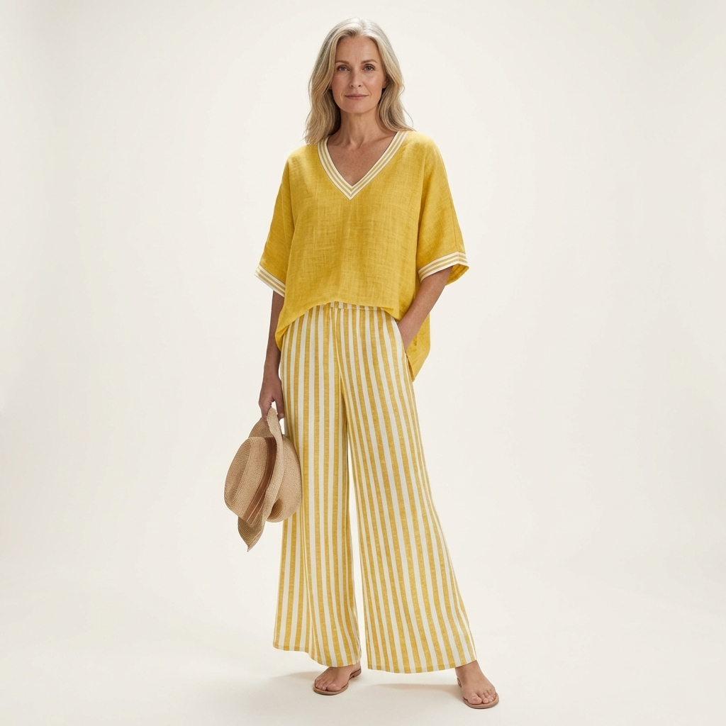 Olivette | V-Neck Varsity Top & Stripe Wide-Leg Set