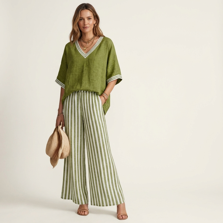 Olivette | V-Neck Varsity Top & Stripe Wide-Leg Set