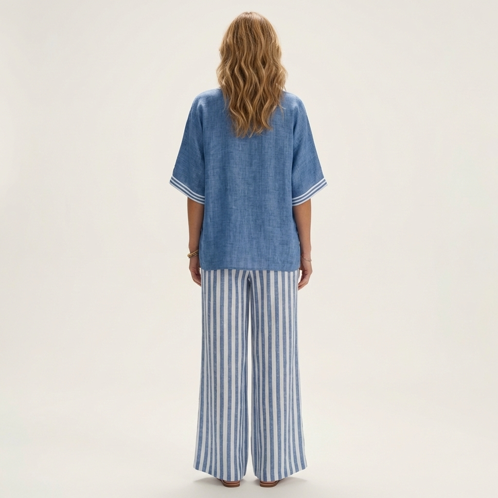 Olivette | V-Neck Varsity Top & Stripe Wide-Leg Set