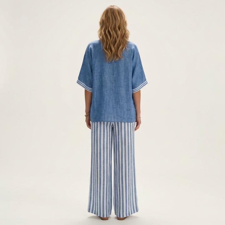 Olivette | V-Neck Varsity Top & Stripe Wide-Leg Set