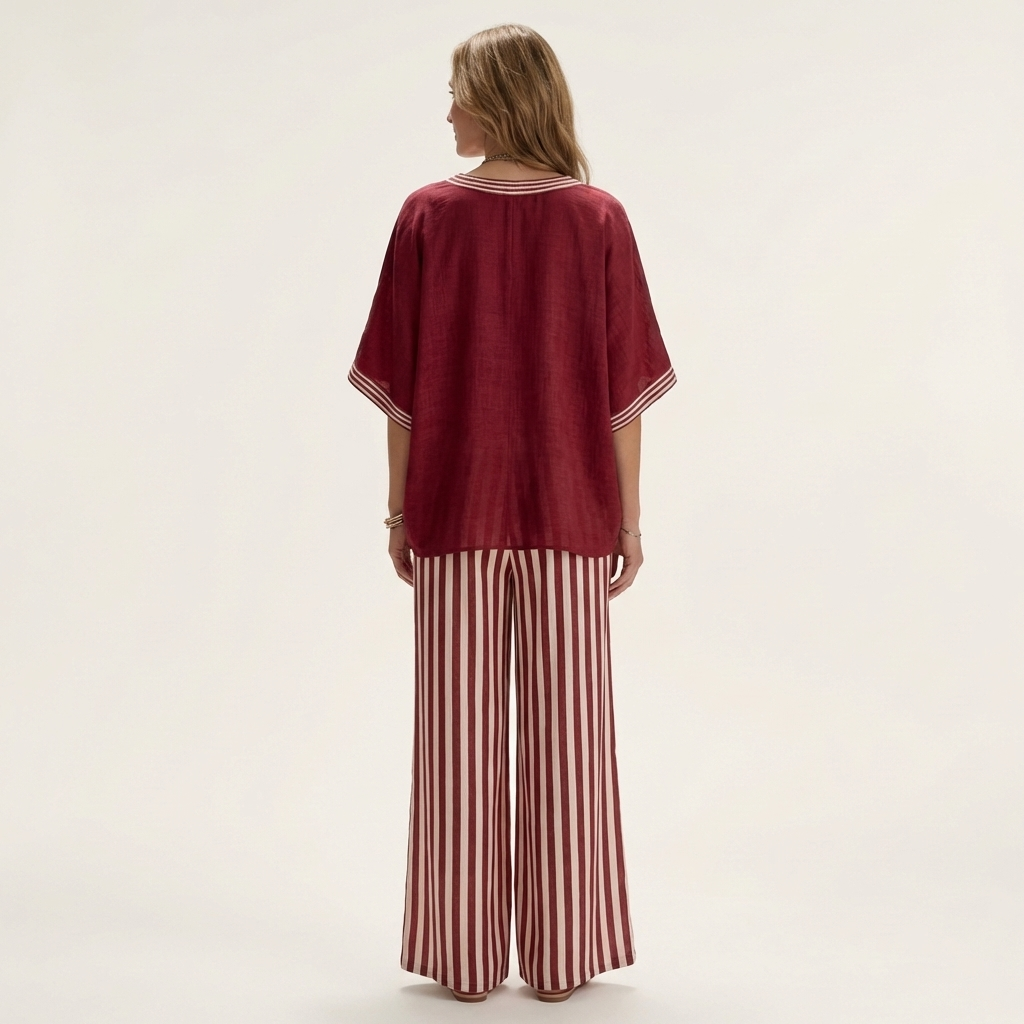 Olivette | V-Neck Varsity Top & Stripe Wide-Leg Set