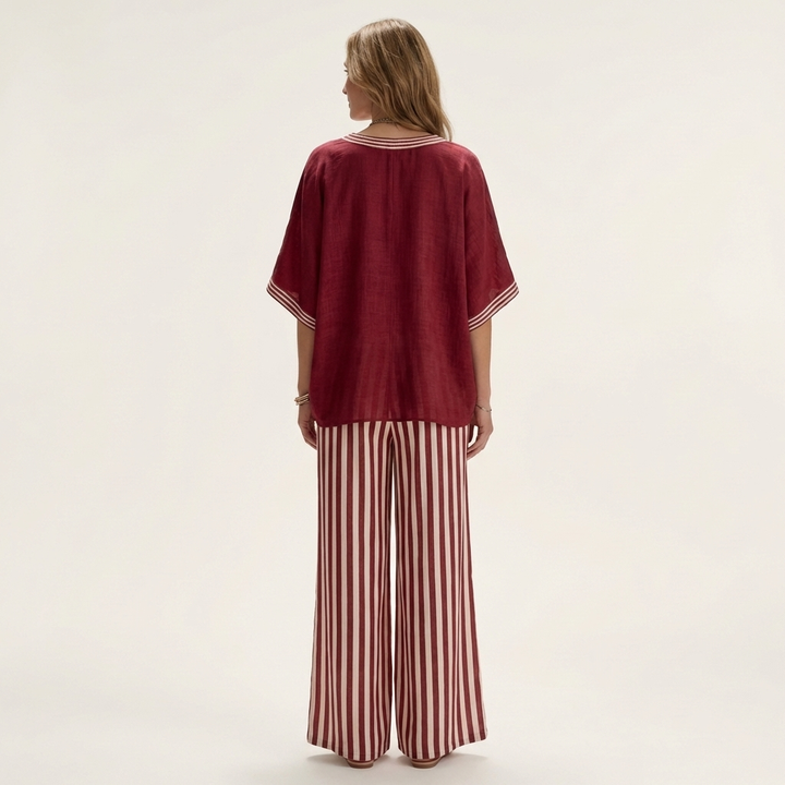 Olivette | V-Neck Varsity Top & Stripe Wide-Leg Set