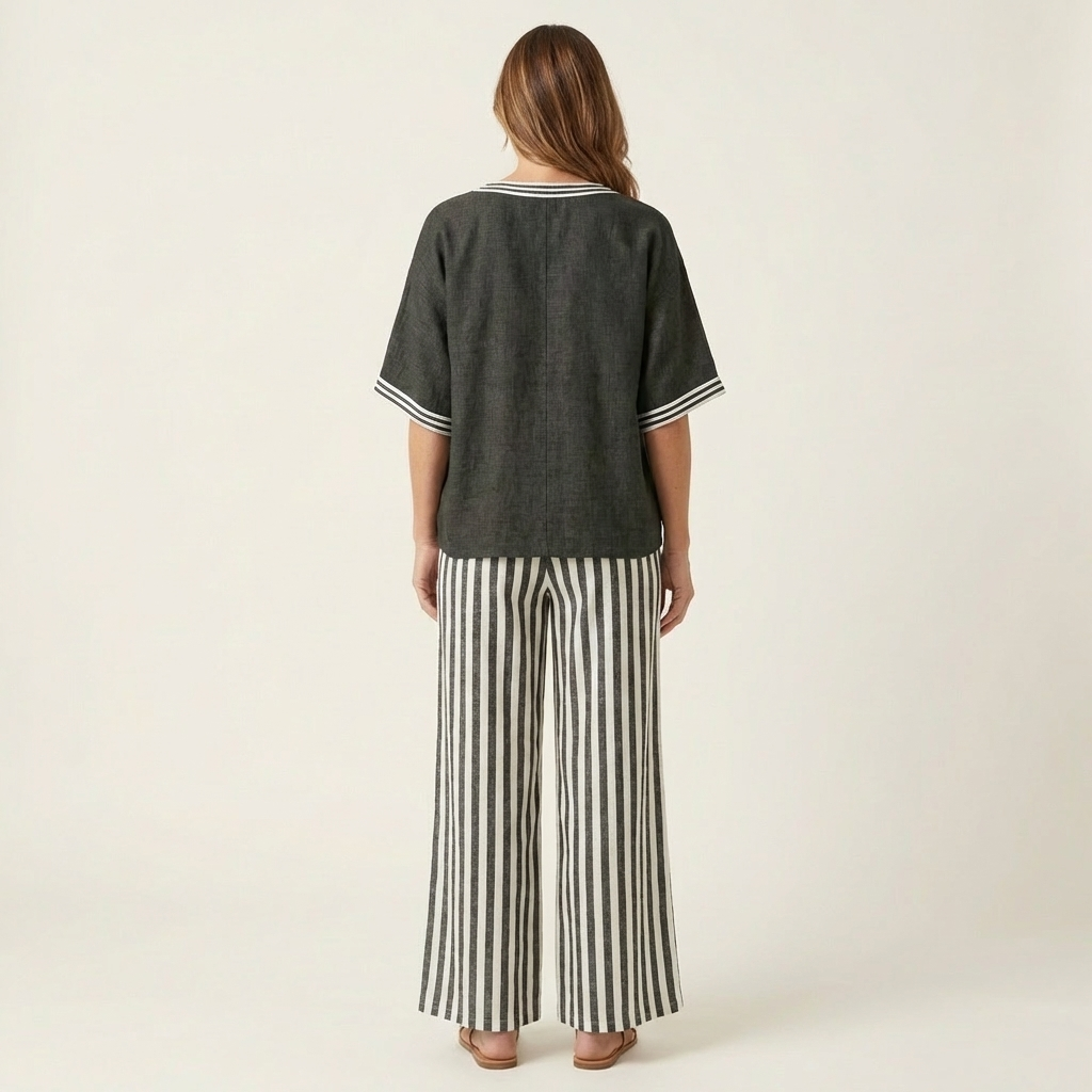 Olivette | V-Neck Varsity Top & Stripe Wide-Leg Set