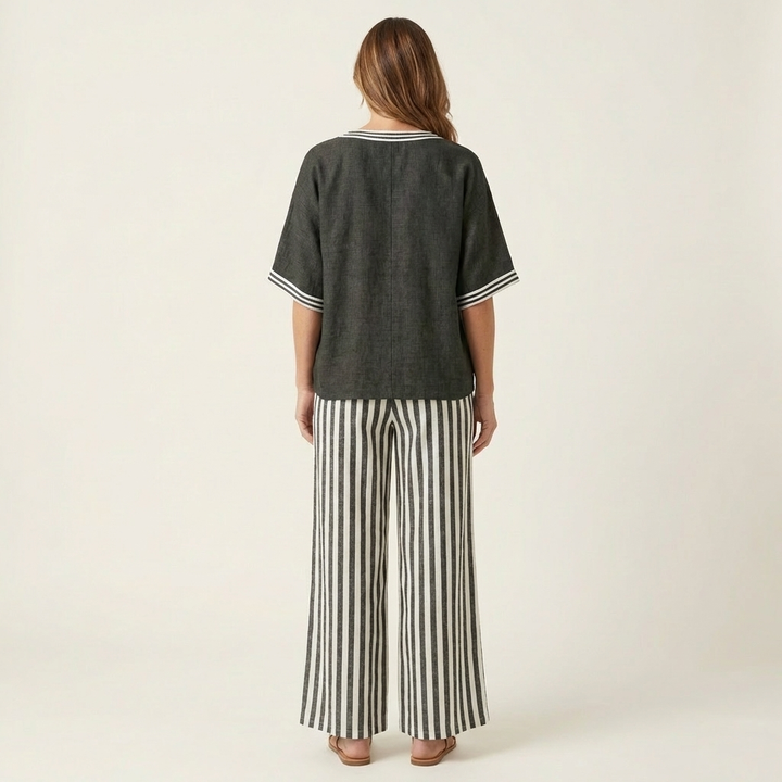 Olivette | V-Neck Varsity Top & Stripe Wide-Leg Set