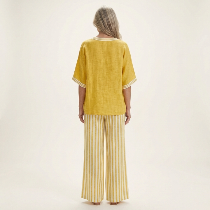 Olivette | V-Neck Varsity Top & Stripe Wide-Leg Set