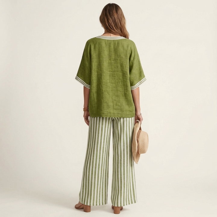 Olivette | V-Neck Varsity Top & Stripe Wide-Leg Set